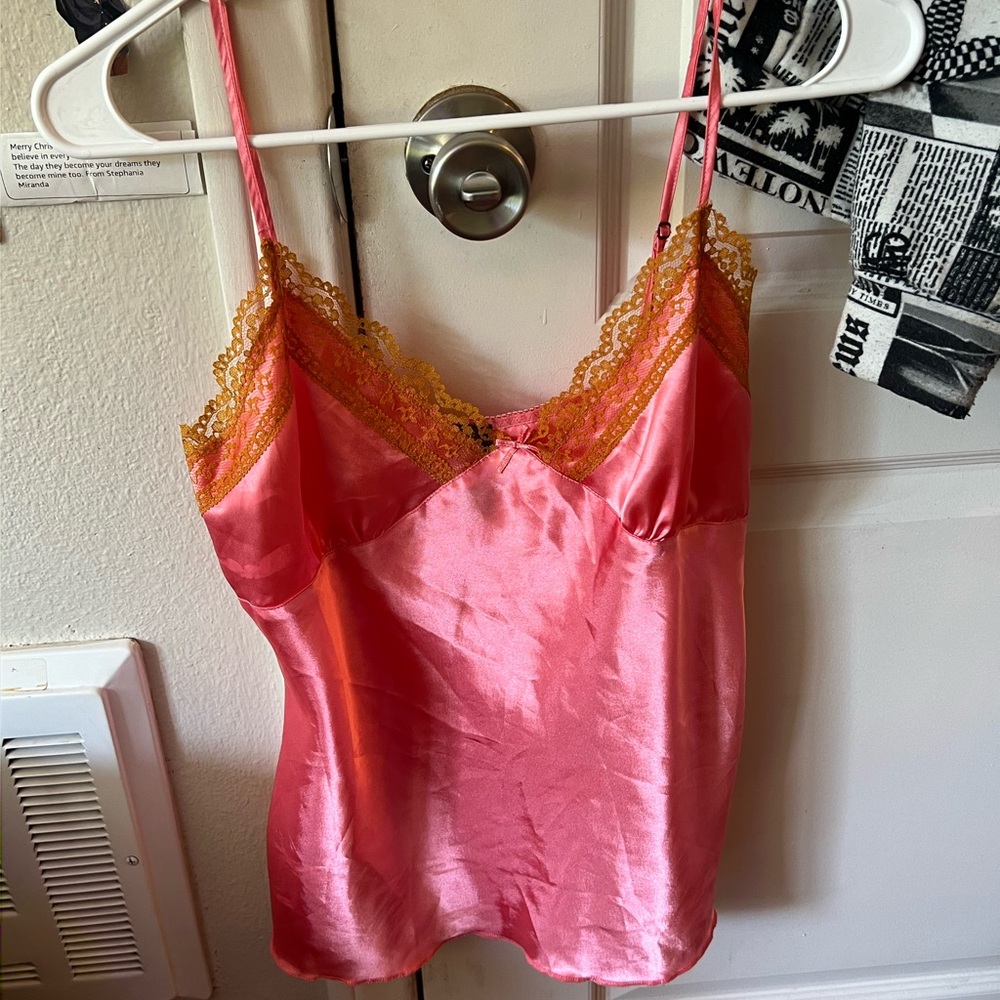 Pink Satin Camisole with Lace Trim